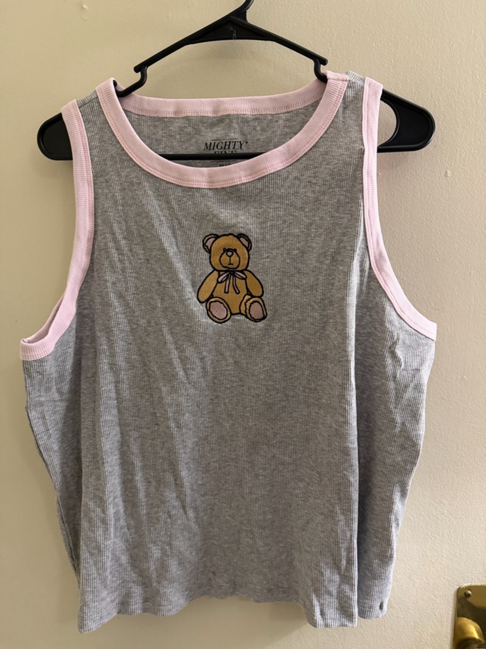Mighty Fine Gray Ribbed Tank Top with Pink Trim and Teddy Bear Patch